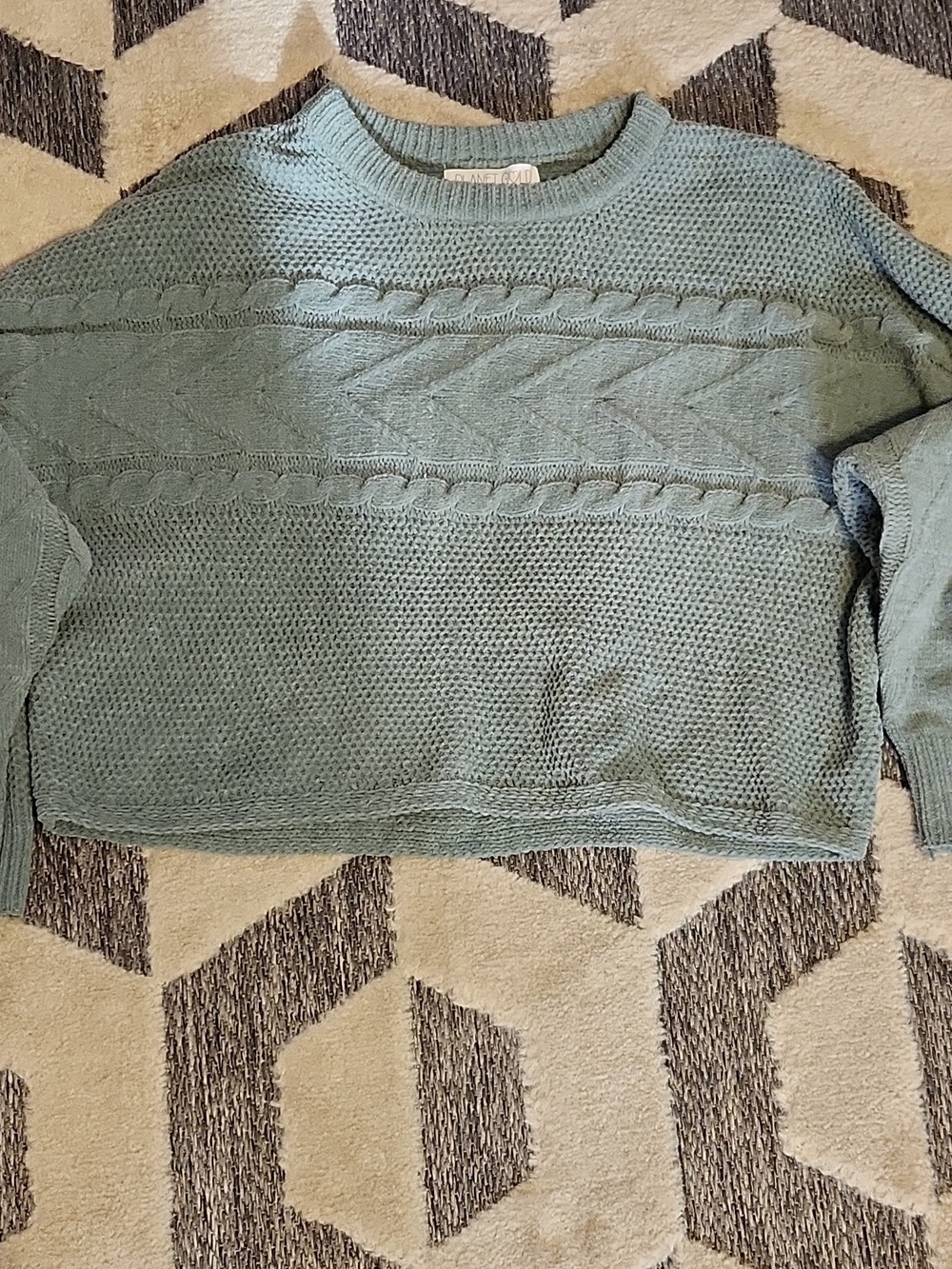 Planet Gold Cropped Cable Knit Sweater in Sage Green